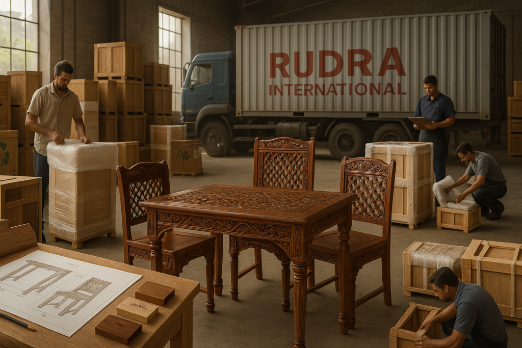 Workers packing handcrafted Indian wooden furniture at Rudra International warehouse for global export.